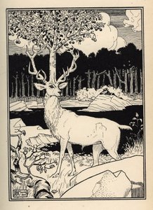 Ein Kirschbaum auf dem Kopf eines Hirsches, getroffen von den Kirschsteinen, die der Baron von Münchhausen schleuderte. Illustration von William Strang (1859-1921) und JB Clark aus „Die Abenteuer des Baron von Münchhausen“ von Rudolf Erich Raspe (1736-1794 von Unbekannt