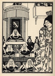 Ein überwiegend weiblicher Hof erscheint dem Baron als eine Ironie, die unter seinen Abenteuern erwähnenswert ist. Illustration von William Strang (1859-1921) und JB Clark aus „Die Abenteuer des Baron von Münchhausen“ von Rudolf Erich Raspe (1736-1794) (17