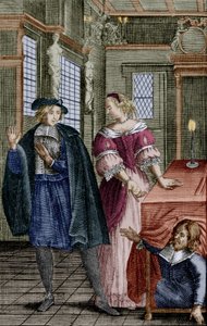 Szene aus dem Stück „Tartuffe“ von Molière (1664) mit Orgon (unter dem Tisch), Elmire, seiner Frau, und Tartuffe, Gravur