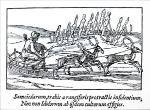 Ein Schlitten, der von Rentieren in Nord-Sibirien gezogen wird von Unbekannt