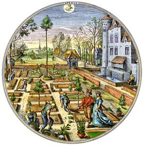 Landwirtschaft: Gartenarbeit in einem europäischen Gemüsegarten zu Beginn des Frühlings um 1590. Farbiger Stich aus dem 16. Jahrhundert von Unbekannter Künstler