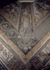 Allegorische Figur des Herbstes (Detail), Mosaikboden, der die Jahreszeiten und Jagdszenen darstellt, aus der Konstantinischen Villa in Daphne, römisch, ca. 325-330 n. Chr.
