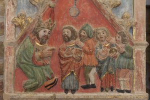 Altarbild. Polychromer Stein. Zweite Hälfte des 14. Jahrhunderts. Ursprung ehemalige Pfarrkirche von Torre de Rialb. Detail. Mittleres Register. Linkes Panel. Oberer Teil: Die Heiligen Iscle und Victoria mit den Beamten.
