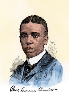 Amerikanischer Dichter Paul Lawrence Dunbar (1872-1906), mit seinem Autogramm. Handkolorierter Holzschnitt einer Illustration aus dem 19. Jahrhundert