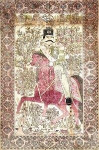 Ein antiker Seiden-Kashan-"mochtasham"-Bildteppich, der die berittene Figur von Naser al-Din Shah darstellt von Unbekannt