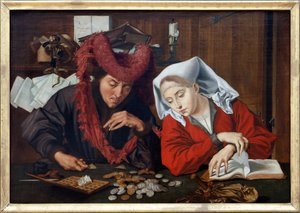 Ein Schöffe und seine Frau, eine moralisierende allegorische Szene des Alltagslebens oder unter einer Kerze, das Gewicht von Goldmünzen auf der Waage, entdeckt die Aufmerksamkeit für spirituelle Beschäftigungen, Öl auf Leinwand, Werkstatt von Marinus Claes von Unbekannt