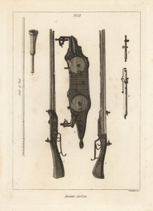 Alte Karabiner mit zwei Ladungen im selben Lauf, abgefeuert von zwei Steinschlössern