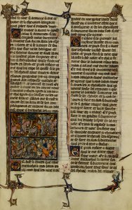 Artuslegende (Suche nach dem Heiligen Gral): Benoic jagt Sachsen und die Schlacht von Danablaise, zwei Illuminationen aus dem Manuskript Geschichte von Merlin, datiert auf das 13. Jahrhundert zwischen 1280-1290 von Unbekannter Künstler
