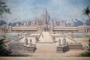 Asiatisches Zivilisationsmuseum, Angkor, Erkundung der heiligen Stadt Kambodschas, Ansicht der östlichen Fassade des Bayon von Louis Delaporte und Henri Deverin, Singapur, 2018 (Foto)