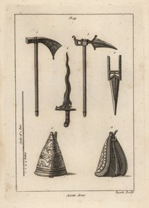 Asiatische Waffen: Streitaxt 1, Dolch 2, Rohilla-Streitaxt 3, indischer Kresse oder Kris 3 und östliche Pulverflasche 5,6