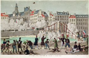Angriff auf das Rathaus von Paris und die Schlacht an der Brücke von Arcola, 28. Juli 1830 von Unbekannter Künstler