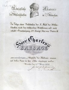 Babbage-Ehrendiplom an Charles Babbage verliehen von Unbekannt