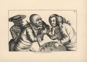 Der bankrotte Toby und seine Frau Doxy betteln in einer Taverne um Käse und Bier. Kupferstich von Thomas Sanders nach einer satirischen Illustration von Timothy Bobbin (John Collier) aus Human Passions Delineated, John Haywood, Manchester. von Unbekannter Künstler