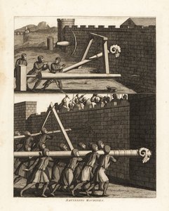 Rammbock und zwei Arten von Bohrern, um Wände zu durchbohren, oben, und zwei Rammböcke unten, einer von einem Dreieck gestützt und der andere auf den Schultern von Soldaten getragen von Unbekannt