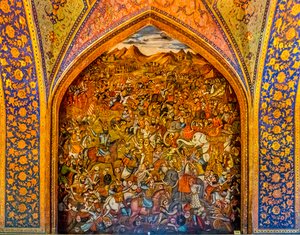 Schlacht von Tschaldiran gegen den Osmanen Selim I. 1514, Fresken mit höfischen Szenen und Kampfszenen, Chehel Sotoun Palast, Isfahan, Iran, Asien (Foto)