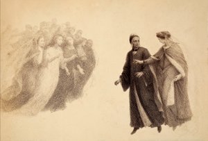 Beatrice zeigt Dante eine Gruppe von Seelen im Firmament des Paradieses. Illustration des Canto III von Paradiso aus der Göttlichen Komödie von Dante Alighieri. Werk von Francesco Scaramuzza, gewidmet der Gemeinde Florenz.