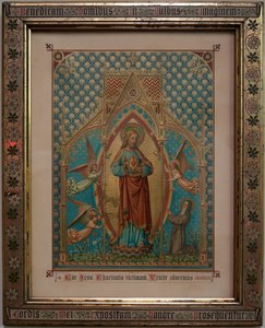 Bevere. Pfarrkirche (Sint-Pietersbanden). Innenraum. Andachtsfarbdruck. S Lucas Schule Gent, Eigentum 1875, W Z Dreyt Brügge. Neugotisch.
