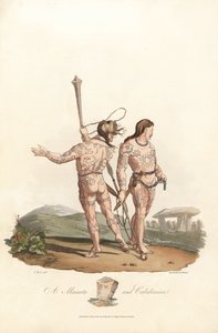 Britische Antike (vorrömische Zeit, vor dem 1. Jahrhundert): Catini und kaledonische Bewohner (Schottland) der nördlichen Ebenen und Wälder Großbritanniens, mit Tätowierungen bedeckt - Forte Wasser von Robert Havell (1793-1878) nach einer Illustration von  von Unbekannter Künstler