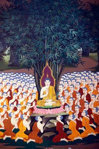 Buddha lehrt Jünger, Wandfresko, Wat Botum Tempel, Phnom Penh, 2022