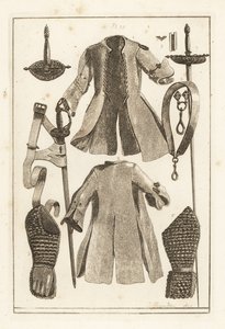 Buffmantel, Buffgürtel, vergoldeter Silberschwertgriff, Buffarmstück und Handschuh, Toledo-Schwert, Klinge und Scheide, und Griff