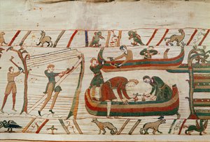 Schiffbau unter den Befehlen von Herzog Wilhelm, Bayeux-Tapisserie von Unbekannt