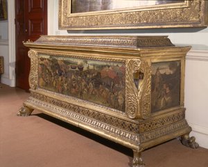 Cassone mit bemalten Tafeln, die die Schlacht von Pharsalia aus der Geschichte von Pompeius und Caesar darstellen, Florentinische Schule