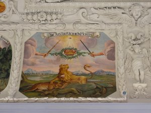 Deckenfresko im Seitenschiff der St. Katharinenkirche, allegorische Darstellungen der Siege von Kaiser Leopold I. über die Osmanen, Mausoleum der Habsburger, Graz, Steiermark, Österreich, Europa