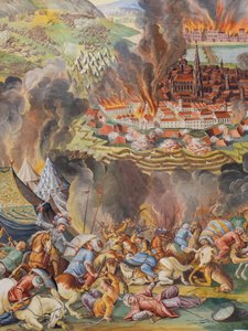 Deckenfresko im Seitenschiff der St. Katharinenkirche, Entsatz von Wien 1683, Mausoleum der Habsburger, Graz, Steiermark, Österreich, Europa