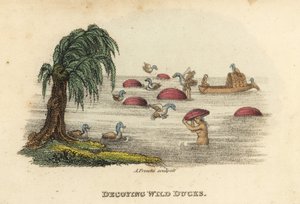 Chinesische Männer jagen Wildenten mit Köderkürbishüten im Fluss, Qing-Dynastie. Handkolorierter Kupferstich von Andrea Freschi nach Antoine Cardon aus Henri-Leonard-Jean-Baptiste Bertin und Jean Baptiste Joseph Bretons China, Its Costumes, Arts