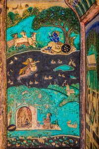 Chittra Shala Innenhof mit virtuosen feinen Gemälden, Taragarh-Fort, Bundi, Rajasthan, Indien, Asien (Foto)