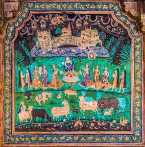 Chittra Shala Innenhof mit virtuosen feinen Gemälden, Taragarh Fort, Bundi, Rajasthan, Indien