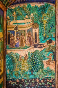 Chittra Shala Innenhof mit virtuosen feinen Gemälden, Taragarh Fort, Bundi, Rajasthan, Indien