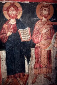 Christus mit dem Heiligen Konstantin Timios Stavros tou Agiasmati Kirche, Heiliges Kreuz von Agiasmati 15. Jahrhundert Zypern Bemalte Kirchen UNESCO-Stätte Troodos, Zypern von Unbekannt