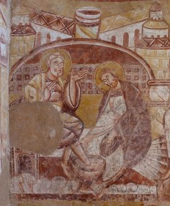 Kirche (Église Saint-Martin). Innenraum. Wandmalereien (Fresko). Nordwand des Chors. (Detail) Fußwaschung. 12. Jahrhundert. von Unbekannt