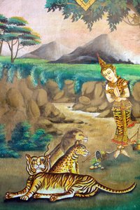 Mitgefühl für Tiere. Gemälde, das die Lebensgeschichte von Shakyamuni Buddha darstellt. Wat Naxai. Vientiane, Laos