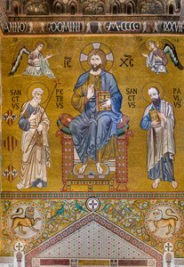 Gegenfassade: Mosaik "Majestät Christi auf dem Thron zwischen den Heiligen Petrus und Paulus", XII Jahrhundert, Die Palatinkapelle, Der Königspalast oder Palazzo dei Normanni, Palermo, Sizilien, Italien