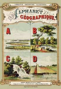 Deckblatt: A: Archipel, B: Bois de Boulogne, C: Wasserfall, D: Deich - Gravur aus Alphabet geographique. Guerin-Muller et Cie, Verleger, Paris