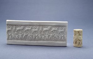 Zylindersiegel, gezeigt mit Gipsabdruck, Mesopotamisch, Sumerisch (Frühdynastisch III), ca. 2500 v. Chr.