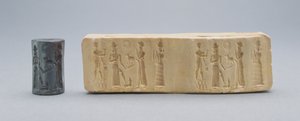 Zylindersiegel, gezeigt mit Gipsabdruck, Altbabylonisch, ca. 19.-18. Jahrhundert v. Chr. von Unbekannt