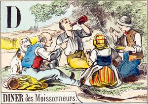 D Abendessen der Erntearbeiter - „Alphabet des Bauernhofs“ Ende des 19. Jahrhunderts (Gravur)