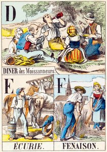 D E F: Abendessen der Erntearbeiter, Stall, Heuernte - „Alphabet des Bauernhofs“ Ende des 19. Jahrhunderts (Gravur) von Unbekannt