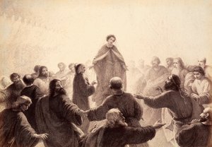 Dante und Beatrice werden von den Geistern der Weisen umkreist, die um sie herum singen und tanzen. Illustration von Canto XIV in Paradiso der Göttlichen Komödie von Dante Alighieri. Werk von Francesco Scaramuzza, gewidmet der Gemeinde Florenz.