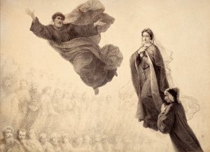 Dante und Beatrice treffen St. Peter. Illustration von Canto XXIV in Paradiso der Göttlichen Komödie von Dante Alighieri. Werk von Francesco Scaramuzza, gewidmet der Gemeinde Florenz.