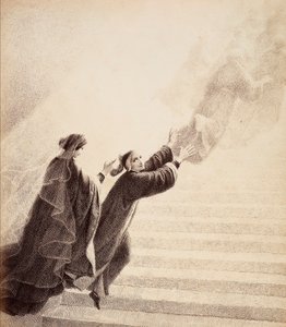 Dante steigt auf ein einfaches Zeichen von Beatrice die goldene Leiter hinauf, nach den seligen Geistern. Illustration von Canto XVII in Paradiso der Göttlichen Komödie von Dante Alighieri. Werk von Francesco Scaramuzza, gewidmet der Gemeinde Florenz.