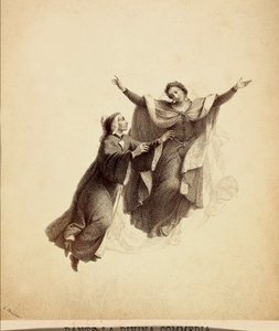 Dante, mit offenen Armen, von Beatrice durch das Firmament des Paradieses geführt. Illustration von Canto I in Paradiso der Göttlichen Komödie von Dante Alighieri. Werk von Francesco Scaramuzza, gewidmet der Gemeinde Florenz.