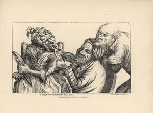 Zahnarzt lacht, während er mit einer Zange einen schlechten Zahn aus dem Mund einer alten Frau zieht. Kupferstich nach einer satirischen Illustration von Timothy Bobbin (John Collier) aus Human Passions Delineated, John Haywood, Manchester.