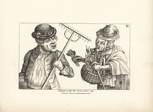 Betrunkener Bauer Jones kauft den gesamten Bestand an Holzwerkzeugen von der alten schielenden Nan. Kupferstich nach einer satirischen Illustration von Timothy Bobbin (John Collier) aus Human Passions Delineated, John Haywood, Manchester.