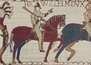 Herzog Wilhelm ermutigt seine Truppen, sich auf die Schlacht gegen die englische Armee vorzubereiten, Teppich von Bayeux (Wollstickerei auf Leinen) von Unbekannt