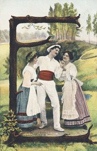 E: Ein Mann in Weiß und Rot steht zwischen zwei Frauen, die Rock, Mieder und Schürze tragen. Ländliche Umgebung - Alphabet Figuren Ref Th. E., L. Theochrom - Serie 994. Theodor Eisman, Verleger, Leipzig