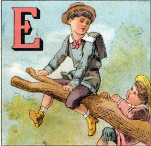 Buchstabe E: Junge im Gleichgewicht auf einem Ast. Gravur im "Alphabet der kleinen Schüler"